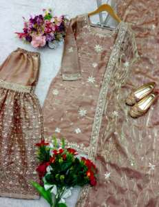 Ensemble de Broderie Indienne Sharara Gharara Kurti Magnifique Vêtement Ethnique Pakistanais Personnalisable Georgette Dupattas Soie - Product Image 3