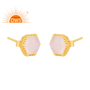 Última tendencia 925 plata esterlina chapado en oro Arco Iris Luna piedra Hexagonal Stud pendiente Demi joyería fina fabricación - Product Image 2