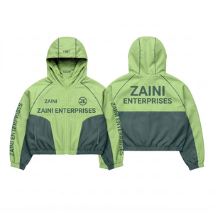 เสื้อแจ็คเก็ตกันลมสำหรับผู้หญิงและผู้ชาย 120 GSM น้ำหนักเบา ผลิตจากไมโครโพลีเอสเตอร์ สีเขียวเทา ตัดต่อสีต่างกัน รับทำโลโก้ตามสั่ง แบรนด์ส่วนตัว รับผลิตแบบ OEM ODM - Product Image 1