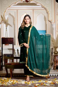 Women's Allover <b>Viscos</b> Velvet Jari Threads Embroidered Butti Lace Half Sleeve Party Salwar Kameez Indian Pakistani Heavy Faux - Product Image 2