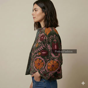 Short ethnique bohème brodé à la main Suzani, motif floral de luxe pour femme, doublure en coton respirant et écologique, collection automne-hiver - Product Image 5