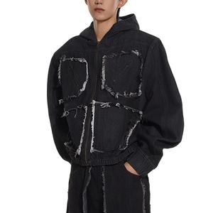 Veste en jean zippée unique pour homme, coupe ample, lavage vintage, coton, décoration boutonnée, grande taille, motif imprimé, patchwork, style baseball - Product Image 1