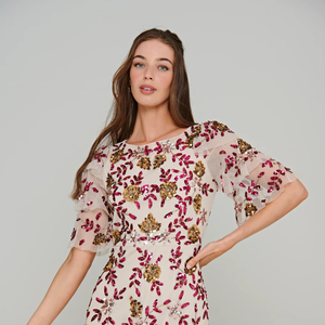 Floral Tulle Droite Maxi Robe De Soirée Sequin Perle Brodé À La Main Demi Manches Cou Antistatique pour Cocktail Dîners - Product Image 1