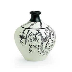 15,2 cm pintado a mano terracota Warli Matki en forma de jarrón en blanco - Product Image 1