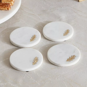 Posavasos de mármol para taza de café, posavasos de mármol grabado personalizado, diseño de planta de latón redondo, piedra blanca hecha a mano - Product Image 5