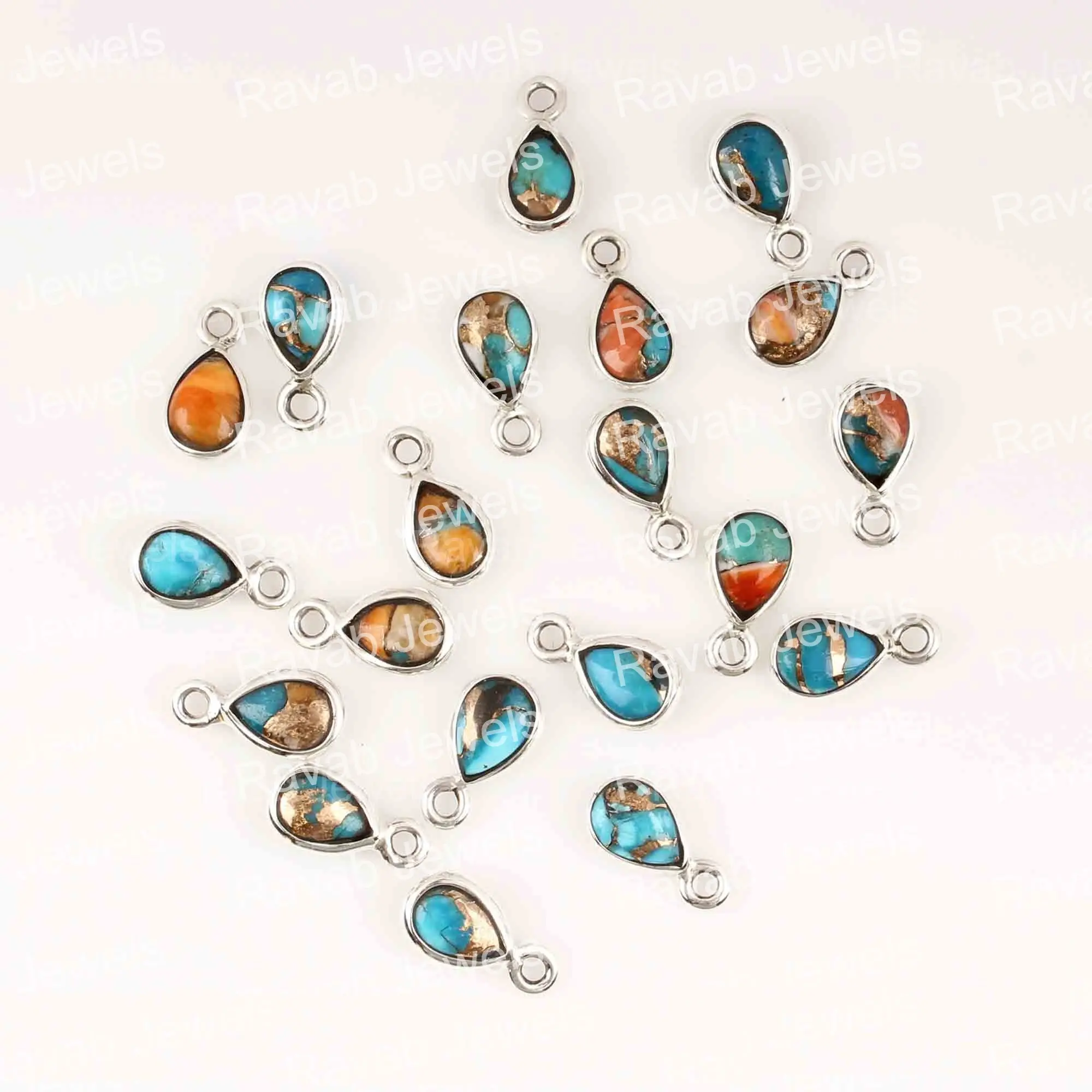 Newly Arrived Spiny Oyster Copper Turquoise Tiny Charms 925 Sterling Silver Pear Single Bail Connector Pendant For Make Jewelry