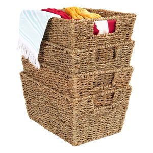 Rustic Multipurpose Stackable Seagrass Storage Basket, Handwoven Laundry Organizer Totes for Bedroom and Living Room