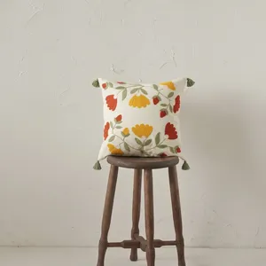 Yellow&Red Floral Embroidered Square Home <b>Cushion</b> <b>Cover</b> (Cotton) - Product Image 1