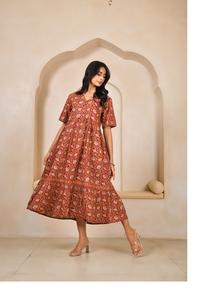 Vestido de Algodón con Estampado de Bloques para Mujer, Vestido de Manga Corta, Proveedor de Fábrica de Marca Privada, Proveedor de Ropa para Mujer, Producción OEM en India - Product Image 2