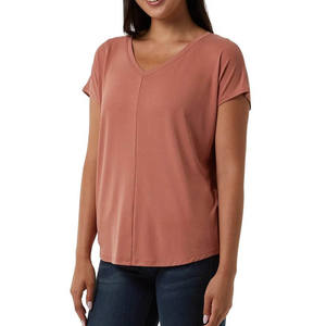 Camiseta informal de manga corta con cuello en V para mujer, camiseta suave de algodón 100%, ligera, de alta calidad, transpirable, de secado rápido, antiarrugas - Product Image 1
