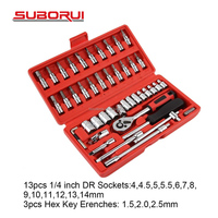 SUBORUI 46pc 1/4-In Clé à douille Outil Bit Clé à cliquet Jeu de douilles de réparation de voiture à main