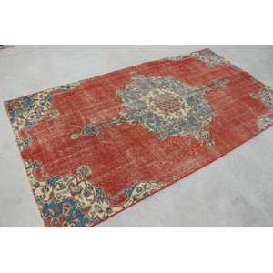4.7x8.5 ft Area Turkish Rug, Vintage Rug, <b>Red</b> Blue Striped <b>Wool</b> Rug - Product Image 3