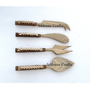 Custom Luxury Hand-Woven Wicker Rattan Handle Cheese Knife <b>Set</b> Home and Kitchen <b>Dinnerware</b> Mango Wood Cutlery Cheese Tools - Product Image 1