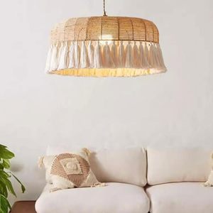 Handmade Rattan Pendant Light Round Boho Style <b>Lampshade</b> With Tassels Indoor Eco-Friendly Decor - Product Image 1