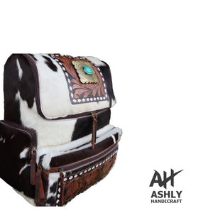 กระเป๋าหนังวัวขนสัตว์แบบถือมีซิปด้านหน้ากระเป๋าเป้สะพายหลังผู้หญิงลายดอกไม้แกะสลักหินเทอร์ควอยซ์ - Product Image 2