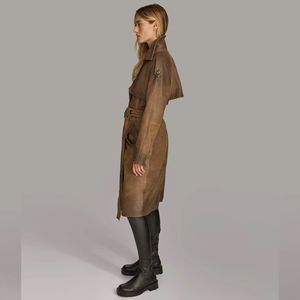 Veste en cuir véritable de haute qualité pour femmes grande taille Trench-Coat long avec décoration de boutons de style décontracté et doublure en soie - Product Image 6