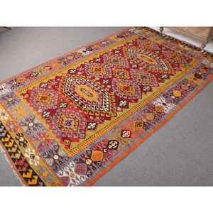 Tapis vintage, tapis turc surdimensionné 6,6x11,1 pieds, tapis en laine rouge Ikat - Product Image 2