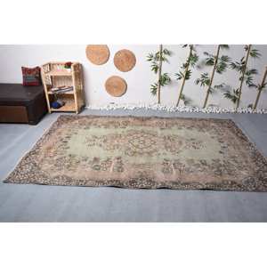 Tapis turc vintage 5.4 X 9.1ft vert marron tissage plat laine Patchwork motif pour décorations de salon couloir utiliser Latex - Product Image 1