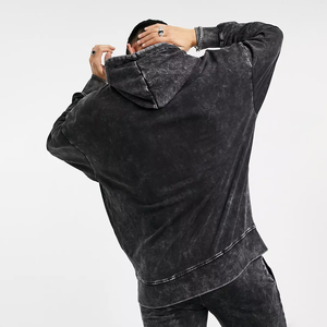 OEM Custom Men's Unisex 450GSM Loose <b>Fleece</b> Hoodie <b>Black</b> Distressed Retro Print Heavy Weight Faded Streetwear Style 6XL Winter - Product Image 2