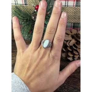 Navajo Made Opal & Platinum Sterling <b>Silver</b> <b>Ring</b> Geometric Gemstone with Pearl Size 7.5 Rhodium Plated for Everyday Wear - Product Image 2