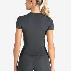 Camiseta de gimnasio gris tormenta de alta calidad para mujer, camiseta elástica de longitud completa de manga corta con cuello redondo de poliéster, nueva camiseta informal de entrenamiento de Yoga - Product Image 3