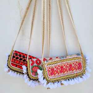 Hand Embroidered Beaded Vintage Leather <b>Sling</b> <b>Bag</b> with Durable Lightweight Rope Handle Cotton/Spandex Material OM Fashion Studio - Product Image 2