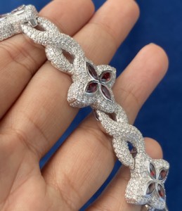 Adorable 925 Sterling Silver Hip Hop Red Marquise Cuban Link <b>Clover</b> <b>Bracelet</b> Iced Out Brilliant Cut Diamond Stone - Product Image 5