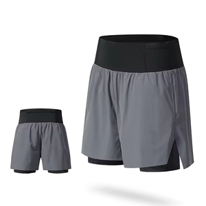 Ensemble de shorts de course pour hommes, été, 2 couches, uni, sans couture, taille élastique, logo personnalisé, respirant, séchage rapide, actif - Product Image 4