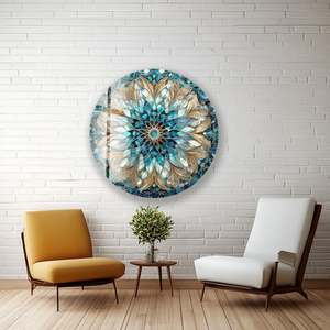 Décoration murale en verre et fer Art Déco dorée et bleue avec motif de géométrie sacrée de lotus - Product Image 4