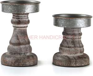 Élégant ensemble de 2 bougeoirs en bois vieilli et en métal décor de table de ferme conception de lanterne pour cheminée de Noël - Product Image 6