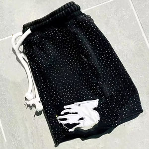 Short délavé à l'acide de couleur noire avec strass pour hommes, vêtements décontractés en coton, shorts délavés à l'acide avec appliques et distresses - Product Image 6