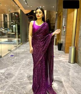 Última Moda en Ropa Femenina: Saree de Georgette Pesado con Lentejuelas y Bordado Dori, Ideal para Fiestas, Ropa India - Product Image 1