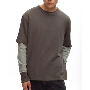 เสื้อยืดโอเวอร์ไซส์สไตล์สตรีทแวร์ แขนสองชั้น ล้างสีแบบแอซิดวอช รุ่นใหม่ปี 2026 ผ้าถักเนื้อผ้าฝ้าย ล้างสีแบบแอซิดวอช สำหรับผู้ชาย - Product Image 2