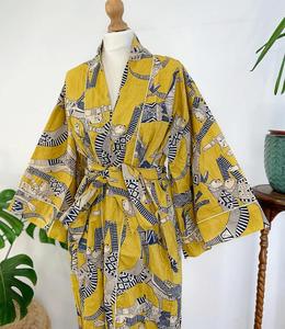 Kimono de verano con estampado de bloque indio de algodón puro, bata de playa Floral para mamá, cómoda Maternidad, amarillo mostaza, hasta el suelo - Product Image 6