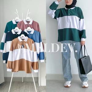 Chemise de rugby pour femmes Bymeldev, respirante, 100% coton, tissu tricoté, design color block, boutonnée, décontractée, longueur normale - Product Image 1