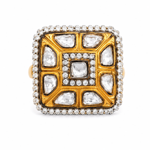 Anillo de cóctel cuadrado de moissanita Polki |   Borde con Pavé de Circonitas |   Plata 925 Chapada en Oro |   Joyería nupcial india al por mayor en Jaipur - Product Image 1