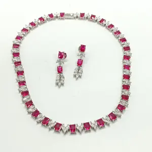 2024 Luxury Pink Crystal Stone Jewelry Sets For Women Bride Necklace Set for Wedding Dress Accessories