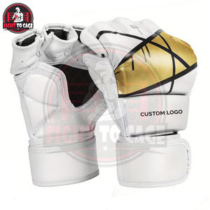 Golden & White Contrast Handmade High Quality MMA <b>Gloves</b> with Hook & Loop Closure Leather Microfiber Customizable - Product Image 3