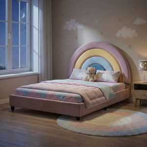 New Eco-Friendly Kids Bed Frame LED Upholstered Velvet <b>Rainbow</b> Design Twin Size for Kindergarten <b>Bedroom</b> Furniture Sturdy Frames - Product Image 2