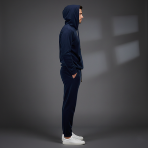 Conjunto de Sudadera con Capucha y Pantalones para Hombre, de Lujo, Mezcla de Algodón y Terciopelo, Lavado Ácido, Estampado, Azul Medianoche Profundo, Felpa Suave - Product Image 3