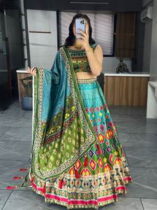 Exclusive Designer Olive Green Color Silk Printed <b>Gota</b> Patti Work Lehenga Choli with Dupatta for Parties and Brides - Product Image 5