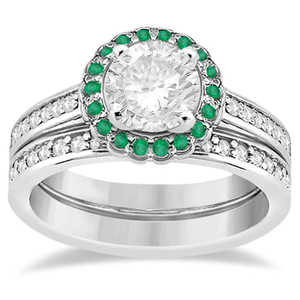 14k White Gold Fine <b>Jewelry</b> <b>Set</b> Floral Halo Diamond & Emerald <b>Bridal</b> Ring 0.83ct - Product Image 1