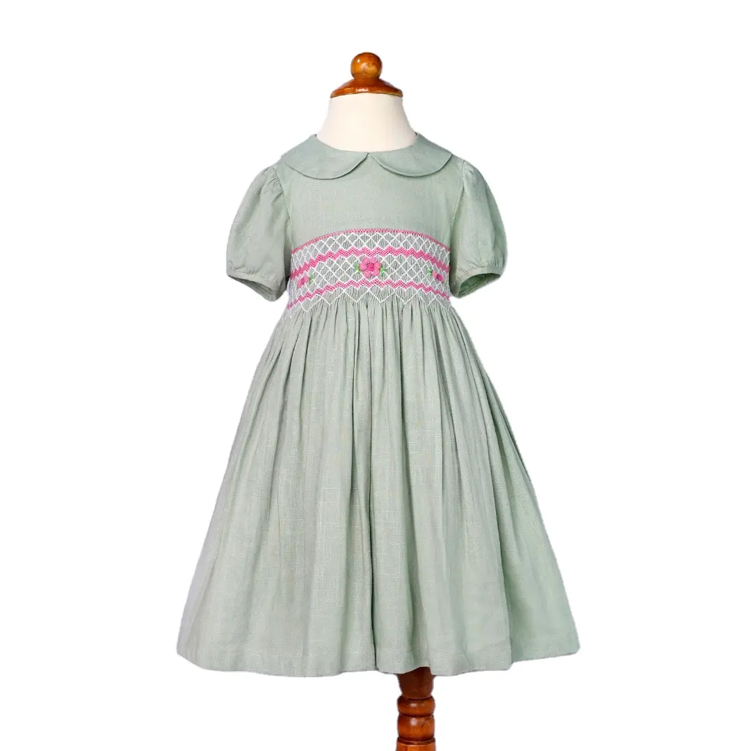 Smocking שמלה בנות קצר שרוול מנטה צבע שמלת תינוק בגדי ילדי חלוק יד-רקום קפלי סיטונאי