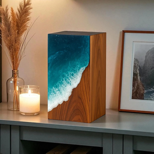 Handmade Wooden Cremation Urn Resin Ocean Wave Inlay Elegant <b>Memorial</b> <b>Keepsake</b> - Product Image 1