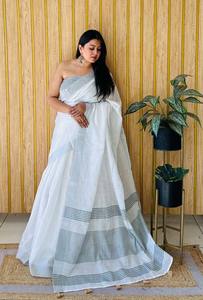 Saris de lino informales modernos estampados digitales ecológicos tela transpirable ligera para fiestas de invierno al por mayor - Product Image 4