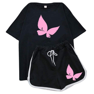 En stock, t-shirts à épaules tombantes avec shorts sexy au-dessus du genou, ensemble deux pièces pour filles, matière spandex, prix de vente en gros direct - Product Image 3