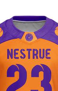 Maillot de hockey sur glace personnalisé orange et violet, uniforme d'équipe, nom et numéro de joueur personnalisés, design géométrique moderne, vêtements de performance - Product Image 6