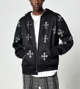 OEM Venta al por mayor de alta calidad de algodón Zip up Hoodie logotipo personalizado y diseño Unisex Bling Rhinestone Hoodie para uso en otoño - Product Image 4