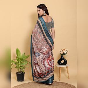 Sari en lin et coton artistique durable, brun patineux et turquoise, GG-614, avec patta en jacquard de lin, mettant en valeur les traditions - Product Image 6