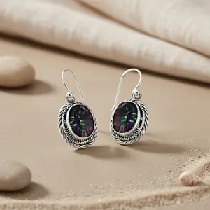 Boucles d'oreilles pendantes vintage pour femmes en argent 925 avec topaze mystique et perle d'eau douce, pierre de topaze en or 18 carats, bijoux - Product Image 3